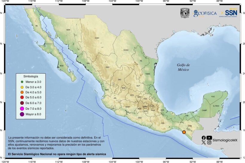 Sismos despiertan al sureste: movimientos de 4.0 grados sacuden Chiapas y Oaxaca esta madrugada