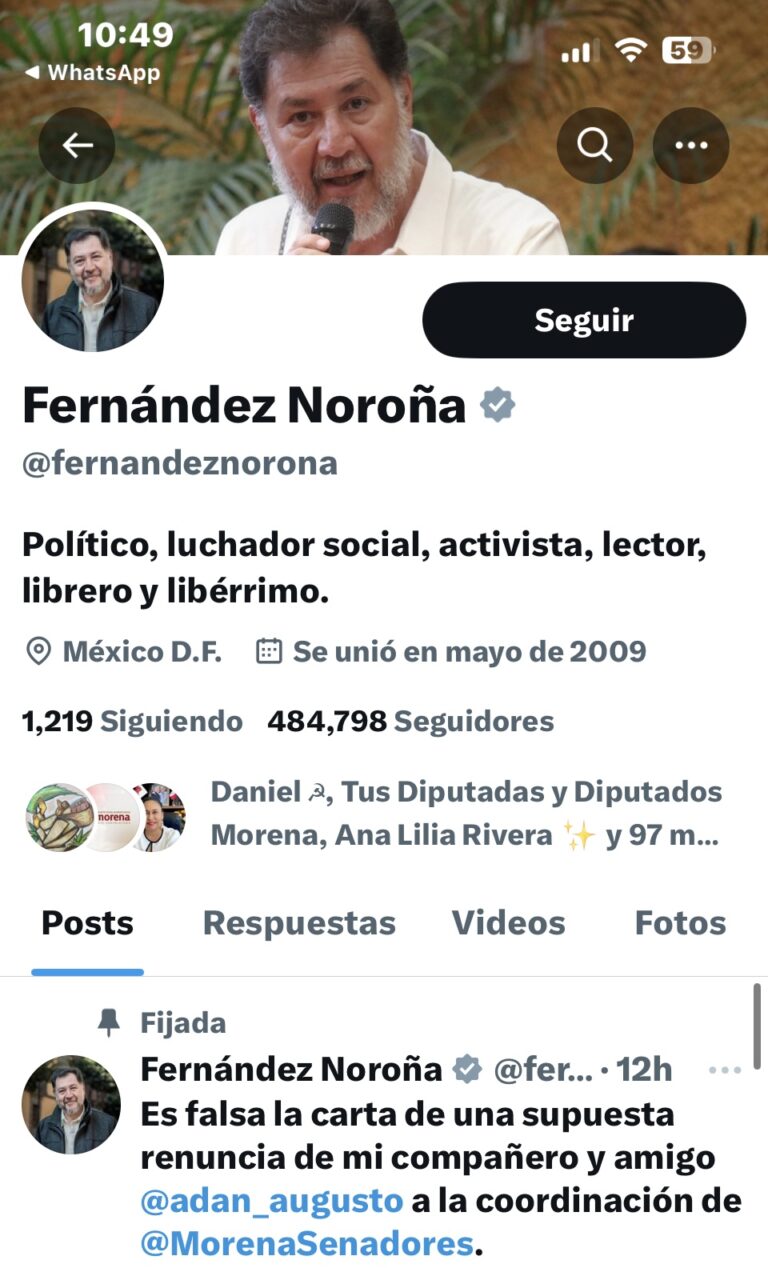 Noroña desmiente renuncia de Adán Augusto a la coordinación de Morena en el Senado
