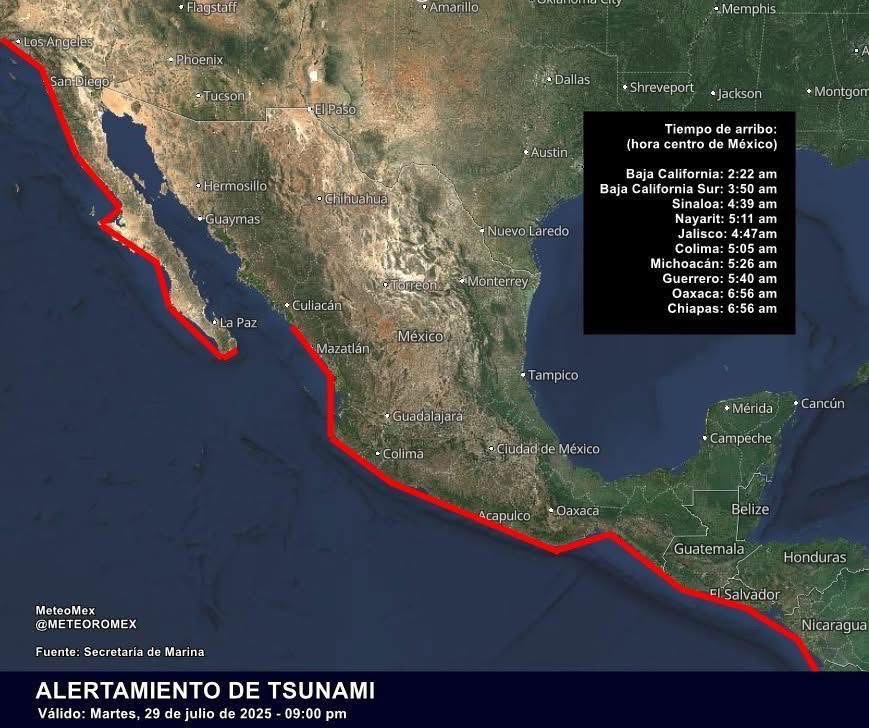 Alerta de tsunami para costas del Pacífico mexicano y Centroamérica tras sismo de 8.7 en Rusia